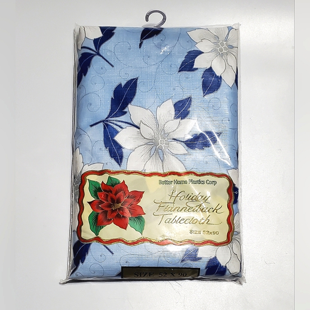 Vntg 52" x 90" Plastic Flannel Backed Blue White Poinsettia Table Cloth